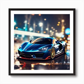 Blue Sports Car At Night Art Print