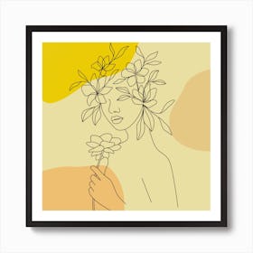 Woman With Flowers In Her Hair,Beautiful woman line art and flowers Art Print