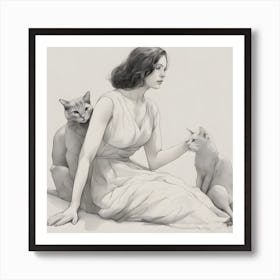 Woman With Cats Pencil Drawing Art Print