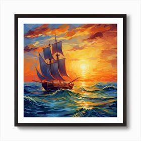 Sailing Ship At Sunset Art Print