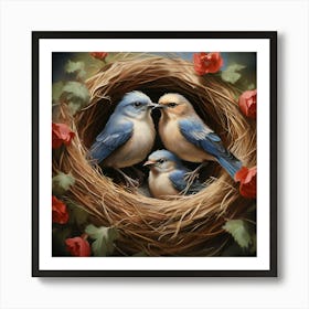 Bluebirds In Nest, A Pair Of Birds Building A Nest Representing Love Home And Family 2 Art Print