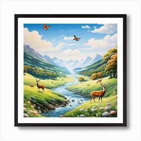 A Landscape Of Grass Eating Deer Next To The Valley Birds Butterflies And The Sky Is Clear Art Print