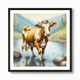 Cow By The Stream Art Print