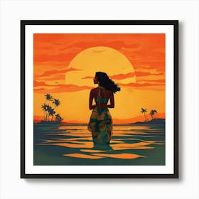 Girl In Hawaiian at Sunset Art Print