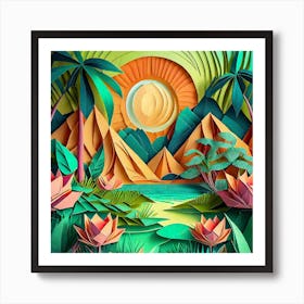 Firefly Beautiful Modern Abstract Lush Tropical Jungle And Island Landscape And Lotus Flowers With A (2) Art Print