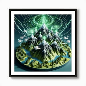 3 Dimensional Mountains With Multiple Green Lightning And White Swirls In A Vortex 3 Art Print