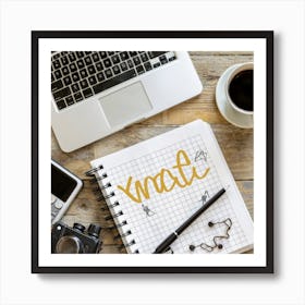 An overhead shot of a well-organized and visually appealing desk with a laptop, notebook, and a cup of coffee, representing productivity and a conducive work environment. This image can be applied across various industries for website banners, social media posts, or marketing materials Art Print