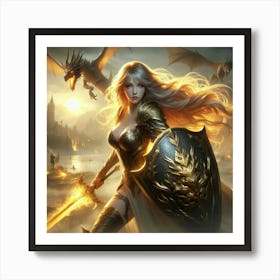 Warrior And A Dragon Art Print