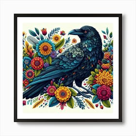 Crow And Flowers Art Print