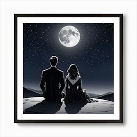 Moonlight In The Sky, A Single Elegant Line Drawing Of A Men And Woman Art Of Sitting To Gather Alone Back Side Art Print