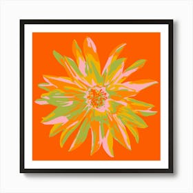 DAHLIA BURSTS Single Abstract Blooming Floral Summer Bright Flower in Orange Yellow Blush Lime Green on Orange Art Print
