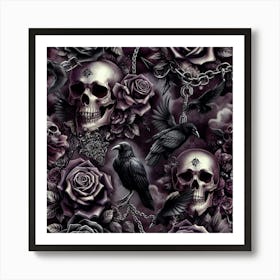 Gothic Skulls And Purple Roses Pattern Art Print