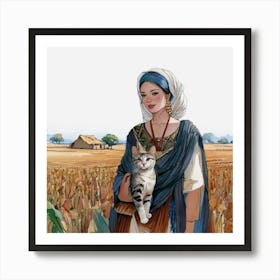 Woman With A Cat....... Art Print