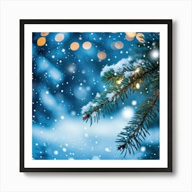 A Christmas Tree Branch Gleaming With Delicate Snowflakes In The Foreground A Merry Banner With Glo (1) 2 Art Print