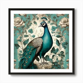 Turquoise Peacock Vintage Wallpaper With Leaves Art Print 2 Art Print