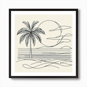 A Palm Tree and a Beach: A Soothing and Curvy Line Art Art Print