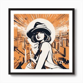 A Silhouette Of A Banana Wearing A Black Hat And Laying On Her Back On A Orange Screen, In The Style (1) Art Print