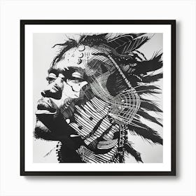 Ink Drawing Of A Man With Feathers Art Print