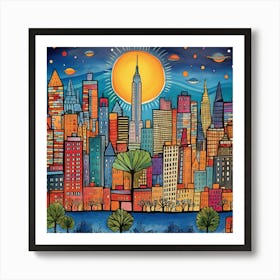 City New York Nyc Skyscraper Skyline Downtown Night Business Urban Travel Landmark Building Architecture Cityscape Landscape Drawing Art Print