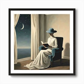 Evening Repose: Serene Woman Reading Book by Moonlight Art Print