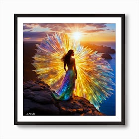 Candid Color Picture Of A Woman In A Glossy Dress Standing At The Edge Of A Cliff Overlooking The Ocean While The Sune Rises while being Protected By A Abstract Crystal Shield Art Print