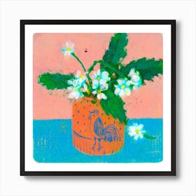 Tiny White Flowers Bouquet In A Brown Pot Square Art Print