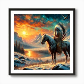 Oil Texture Native American Indian On Horseback In The Mountains 4 Copy Art Print