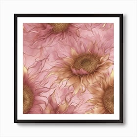 Seamless Pattern Of Elegant Sunflower Floral Motifs In Pink, Adorned With Gold Lines Art Print