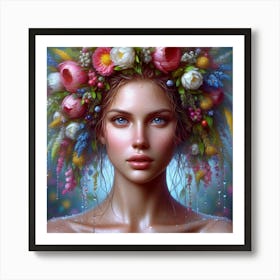 Beautiful Girl With Flowers On Her Head Art Print