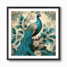 Turquoise Peacock Vintage Wallpaper With Leaves Art Print 1 Art Print