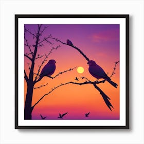 Silhouette Of Birds At Sunset Art Print