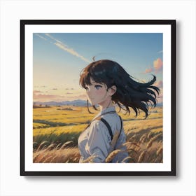 Atop A Hill, Gazing At The Swaying Wheat Field In The Wind, A Serene Girl Wears A Gentle Smile Art Print