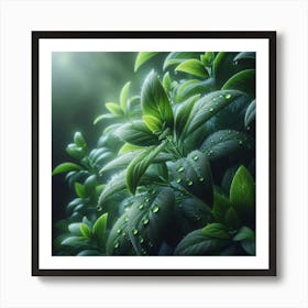 Green Leaves With Water Droplets Art Print