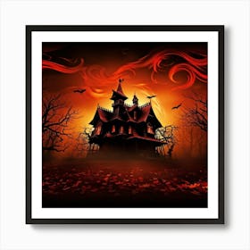 A Fiercely Blazing Haunted House Banner Devilishly Shadowed And Skittish Across The Eerie Pattern O 2 Art Print