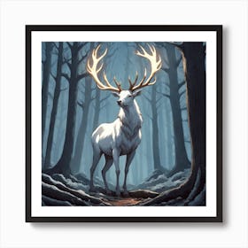 A White Stag In A Fog Forest In Minimalist Style Square Composition 17 Art Print