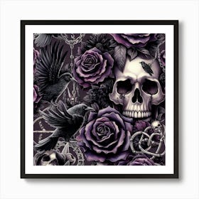 Gothic Skull, Roses And Crows Pattern Art Print