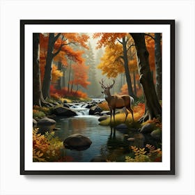 Serene forest scene during autumn. Display trees with orange and red leaves, a gentle stream flowing Art Print