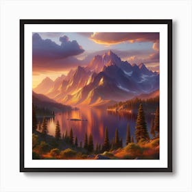 A Photorealistic Image Of A Serene Mountain Range At Sunset, Capturing The Scene In Realistic Colors And Details, Similar To A High Quality Art Print