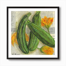 Zucchini On Newspaper Vegetable Kitchen Rustic Food Painting Art Print