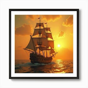 Beautifully Crafted Antique Ship Gliding Through A Golden Sunset 1 Art Print