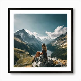 Woman Sitting On Top Of Mountain Art Print