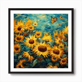 Sunflowers And Butterflies 7 Art Print