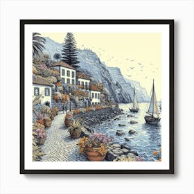 Enchanting Madeira: Village Line Art Inspired by Aubrey Beardsley, Watercolor Magic in the Style of Arthur Rackham. Ocean Views, Sailboats, and Cobbled Walkways Await! Art Print