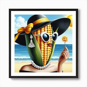 A Corn with Pearl Earrings and Sunglasses on a Sunny Beach: A Realistic and Colorful Pop Art Painting Art Print