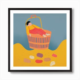 Illustration Of A Woman Sleeping In A Basket Art Print