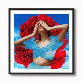 Art Rose Sky Model Collage Blue & Red Square Art Print