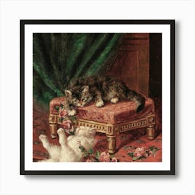 Two Cats Playing With Roses Art Print