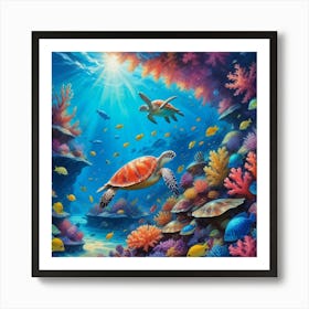 Turtles Under The Sea Paintings Art Print Art Print