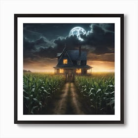 Sentinel Under a Gloomy Moon: A House Lost in the Corn Maze Art Print