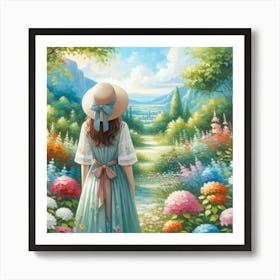 Girl Into The Garden Watercolor Painting Art Print